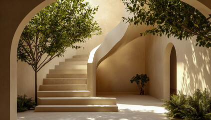 A sculptural staircase in the courtyard, framed by an elegant arched doorway, is set against a light beige textured wall, surrounded by dense vegetation and greenery,
