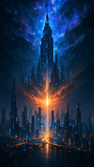 Fototapeta premium Futuristic glowing sci fi city skyline with towering skyscraper reaching into galaxy filled starry sky and vibrant orange cosmic energy bursting