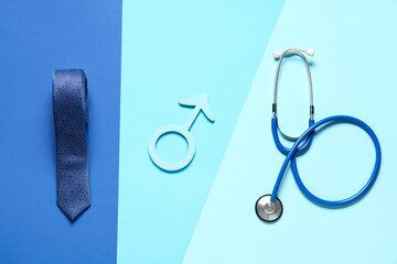 Male sign with stethoscope and tie on blue background. Prostate cancer awareness concept