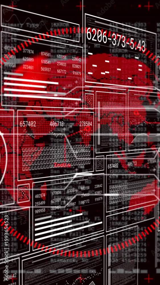 Poster animation of digital data and numbers overlaying red globe with tech elements