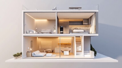 Cutaway view of a modern two-story house, showcasing its interior design and layout, including bedrooms, living areas, kitchen, and stairs, set against a neutral background