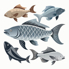 Fototapeta premium An aquatic collection showcases several stylized fishes in shades of gray, perfect for marine themes or seafood designs.