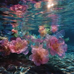 Underwater floral display, vibrant pastel colors, translucent flowers, sunlit water