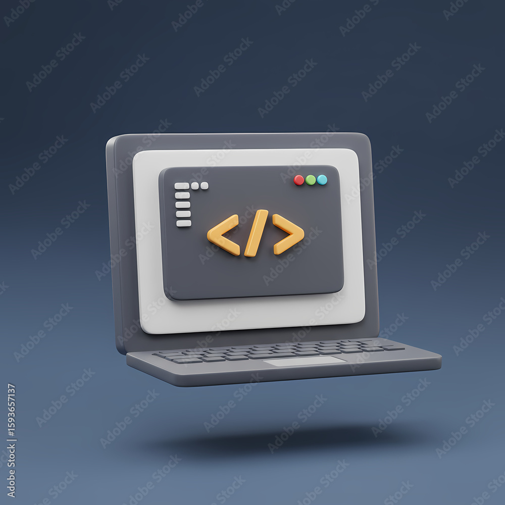 Fototapete a 3d rendered laptop displaying a coding interface, isolated on a blue background.