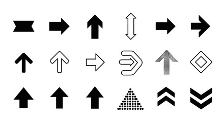 Collection of various black arrow and direction symbols, graphic design elements.