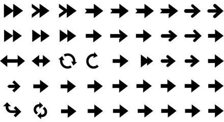 A collection of various black directional arrows pointing towards the right, illustrating different styles.