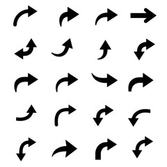 A collection of twenty black arrow icons pointing in various directions, including straight, curved, and angled orientations on a white background.