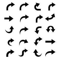 A collection of twenty black arrow icons pointing in various directions, including curved, straight, and looped designs, isolated on a white background.