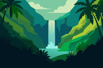 Lush jungle waterfall with towering palm trees and vibrant green cliffs