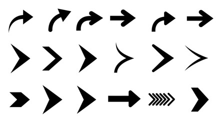Collection of twenty black arrow icons pointing right, featuring various styles, curves, and thicknesses on a white background.