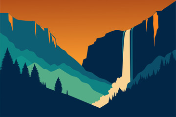 Majestic waterfall in a stylized mountain landscape at sunset