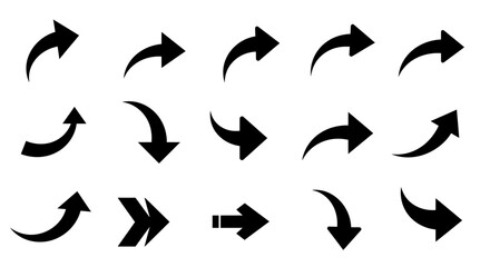 Collection of black curved arrows pointing in various directions, isolated on a white background, indicating movement and navigation.