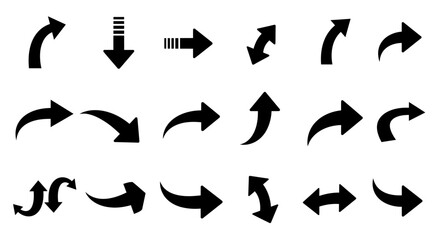 Obraz premium Collection of various black arrows on a white background, showcasing different directions and styles.