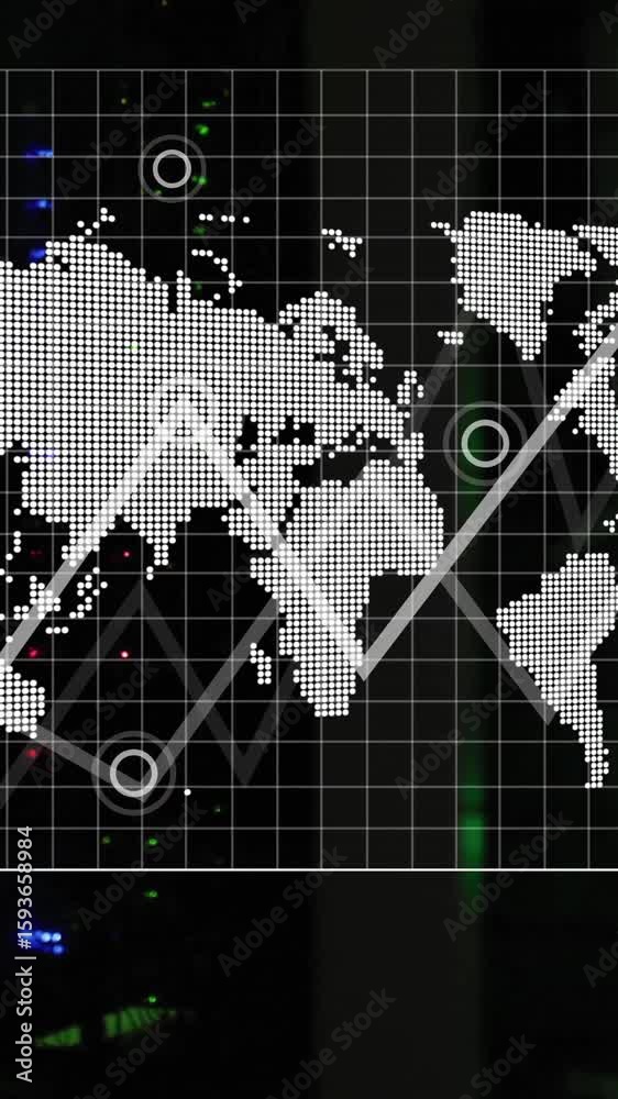 Poster in server room, animation of world map with data points and grid overlay