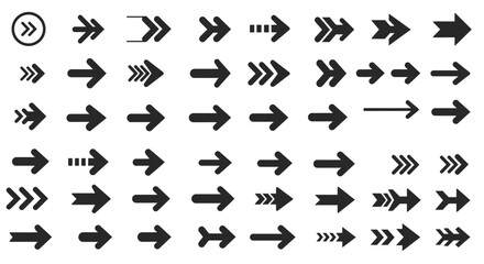 Collection of various right-pointing arrow icons in different designs and styles, all black.