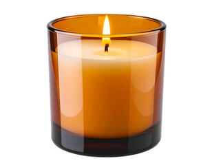 Angled Side View of Amber Glass Candle Holder with Unlit Candle, Transparent Background