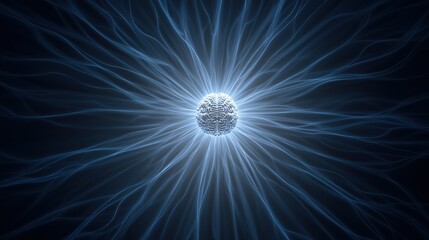 Brain's Electrical Impulse: An artistic depiction of the brain as the central hub, from which energetic electric blue lines radiate outward, portraying the complex electrical impulses of thought.