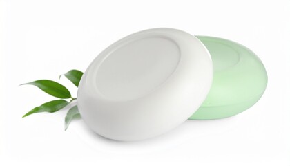 Round Bar Soap with Greenery on White Background, Natural Skincare and Organic Beauty Product