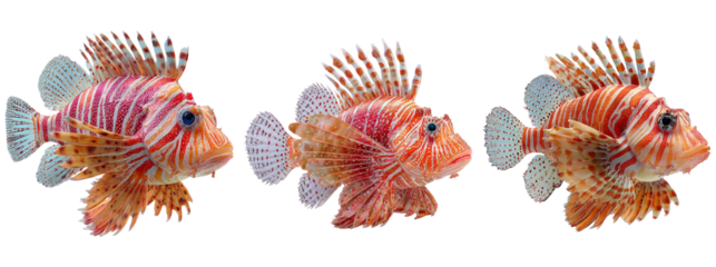 Colorful Lionfish Swimming in Formation Against a White Background