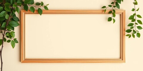 Elegant wooden frame mockup on beige, greenery accents, wood, border