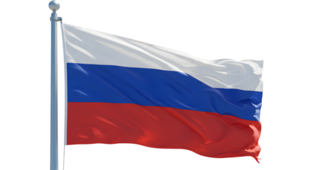 A flag of Russia waving in the wind against sky. The tricolor design of the flag symbolizes the country's history, values, and identity