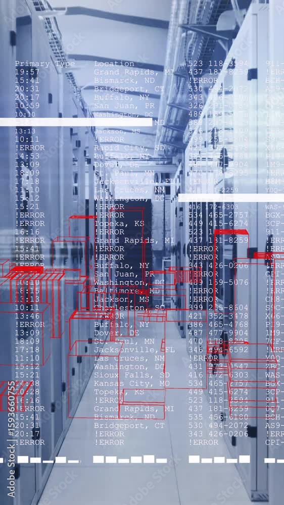 Poster data processing animation over server racks in modern data center