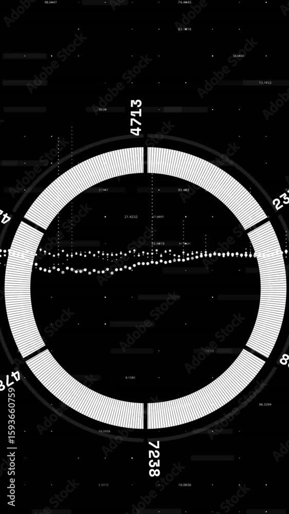 Poster animation of circular data visualization with numerical values over digital waveform