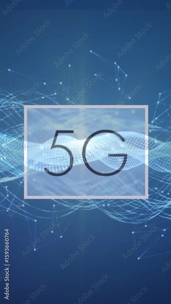 Poster 5g animation with digital waveforms and network connections on blue background