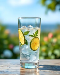 image d'un verre rempli de mojito, de tranche de citron et de glaçon 