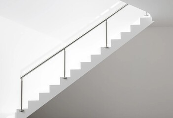 Clean white modern staircase with sleek metal railing,  steps,  home