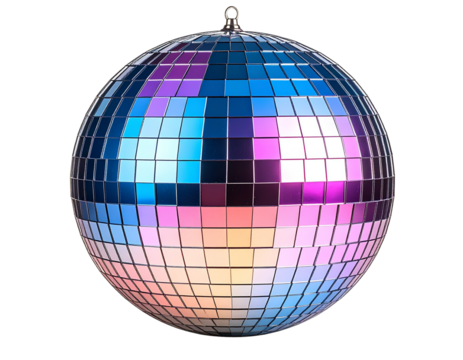  Angled Side View of Disco Ball with Colorful Light Reflections, Transparent Background - Powered by Adobe
