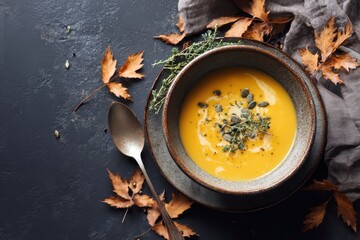 Autumnal Culinary Delight: A stunning, high-angle shot captures a rustic, artful arrangement of a rich, golden soup in a handcrafted bowl, adorned with fresh herbs and pumpkin seeds.