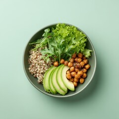 Nutritious bowl of goodness: A mouthwatering composition features a vibrant medley of fresh, wholesome ingredients, all artfully arranged in a stylish bowl, inviting a taste of healthy living.