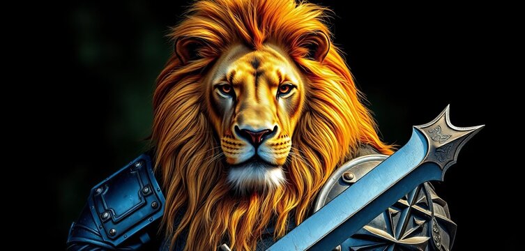 A valiant lion, armored knight, medieval gear, heroic pose,  image,  generative ai