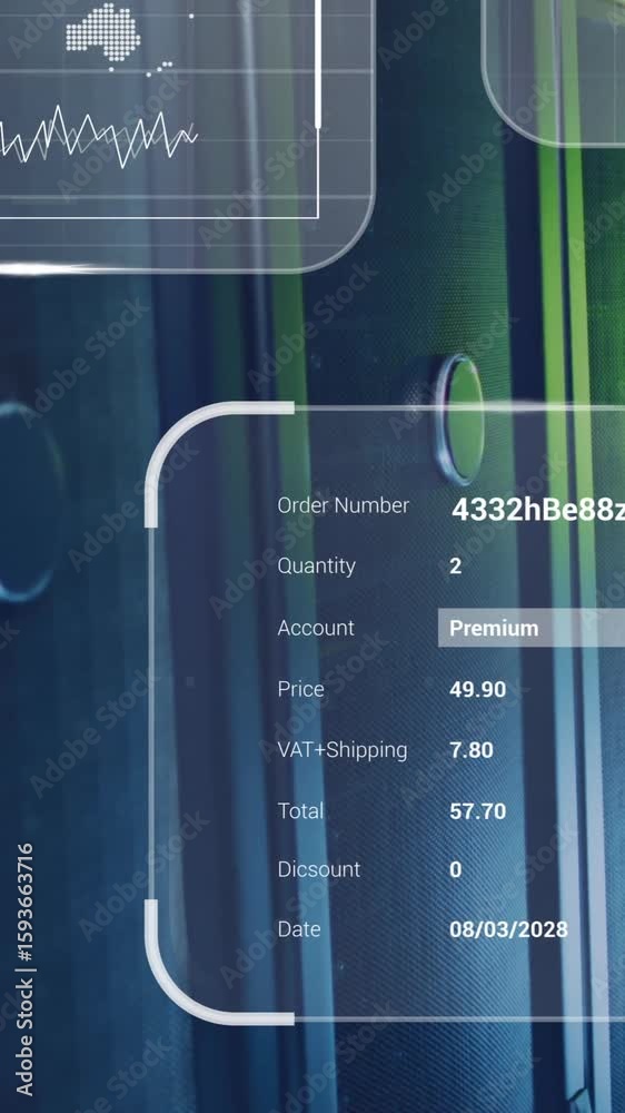 Poster showing animation of order details and bar graph in server room background