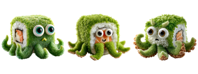 Cute and Quirky Green Octopus Characters with Big Eyes and Fun Expressions