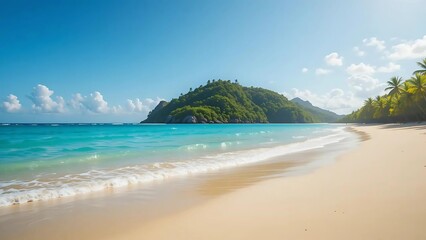 Fototapeta premium Serene Tropical Beach Landscape with Turquoise Ocean, Golden Sand, and Lush Island Under a Clear Blue Sky