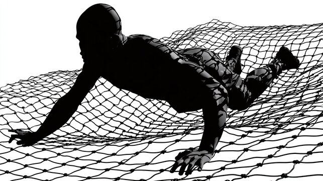Silhouette of a person struggling to crawl across a large, textured net, set against a white background