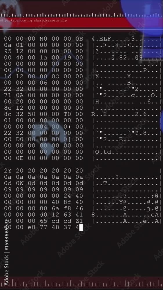 Poster displaying hexadecimal code and system information on abstract blue shapes animation