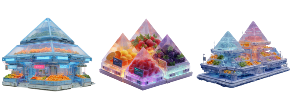 Futuristic Pyramid Fruit Stands with Vibrant Colors and Unique Design