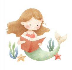 Cute Mermaid Reading a Book Underwater