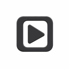 3D rendering of a dark gray play button icon inside a rounded square on a white background.