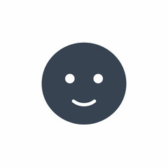 Simple dark blue smiley face icon with two eyes and a curved mouth on a white background.