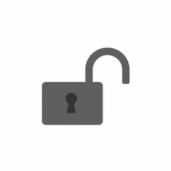 A gray, stylized illustration of an unlocked padlock with the shackle raised, set against a plain white background.