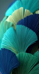 Abstract fan-like shapes in teal, blue, and cream