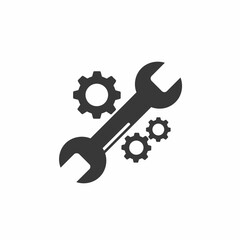 Illustration of a wrench tool diagonally positioned with two gears, symbolizing repair, maintenance, or engineering.
