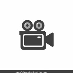 Simple graphic illustration of a vintage-style movie camera, shown in dark gray against a white background.