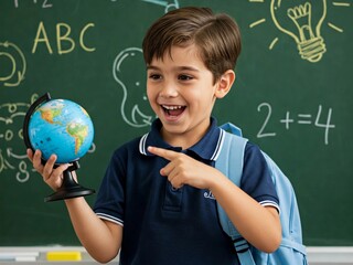 A joyful schoolboy points at a globe, wearing a backpack against a chalkboard with educational doodles. Ideal for learning, childhood, and back-to-school themes.

