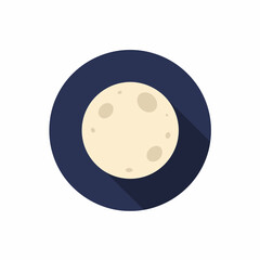 Obraz premium A flat vector illustration of a full moon with craters, set against a dark blue circular background with a long shadow.