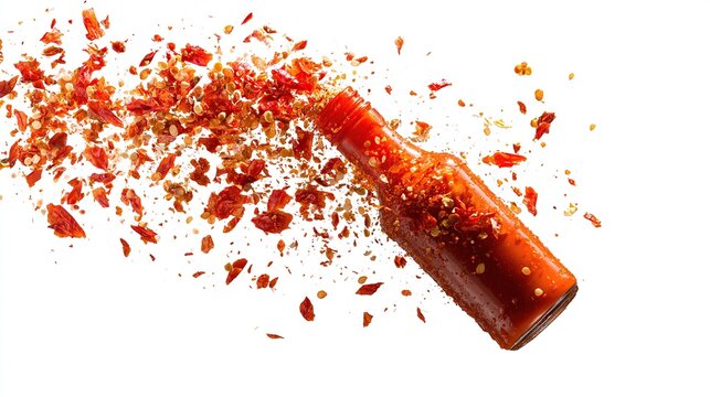 Red sauce bottle surrounded by flying chili flakes on a crisp, white background - Powered by Adobe